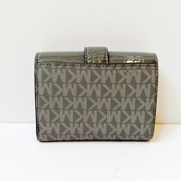 Michael Kors Carmen Medium Flap Bifold Wallet Embossed MK Signature Grey Multi - Picture 2 of 11